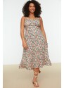 Trendyol Curve Beige Floral Patterned Woven Strap Dress