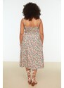 Trendyol Curve Beige Floral Patterned Woven Strap Dress