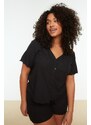 Trendyol Curve Black V-Neck Knitted Buttons Pajamas Set