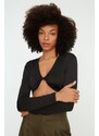 Trendyol Black Deep V Neck Super Crop Stretch Knitted Blouse