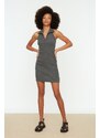 Trendyol Anthracite Fitted Polo Neck Mini Ribbed Stretch Knit Dress