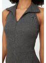 Trendyol Anthracite Fitted Polo Neck Mini Ribbed Stretch Knit Dress
