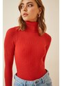 Happiness İstanbul Women's Vivid Red Turtleneck Ribbed Lycra Sweater