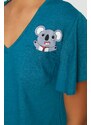 Trendyol Petroleum Cotton Koala Printed Sleeve Flounce Detail T-shirt-Pants Knitted Pajamas Set