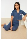 Trendyol Navy Blue Embroidered Ribbed Shirt-Pants and Knitted Pajamas Set