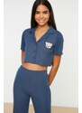 Trendyol Navy Blue Embroidered Ribbed Shirt-Pants and Knitted Pajamas Set