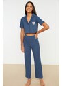 Trendyol Navy Blue Embroidered Ribbed Shirt-Pants and Knitted Pajamas Set