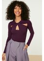 Trendyol Damson Cut Out and Gathered Detail Fitted/Fitted Elastic Snaps Knitted Bodysuit