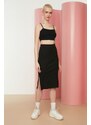 Trendyol Black With Double Slits, Fitted High Waist Ribbed Flexible Midi Knitted Skirt