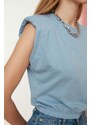 Trendyol Blue 100% Cotton Padded Crop Crew Neck Knitted T-Shirt