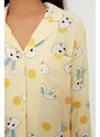 Trendyol Yellow Rabbit Pattern Viscose Shirt-Shorts Woven Pajamas Set