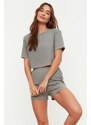 Trendyol Gray Ribbed Cotton Knitted Pajamas Set