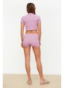 Trendyol Lilac Ribbed Crop T-shirt-Shorts Knitted Pajamas Set