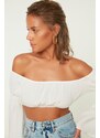 Trendyol White Long Flounce Sleeve Carmen Collar Crop Beach Blouse