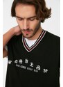 Trendyol Black Regular Fit V Neck Letter Detailed Knitwear Sweater