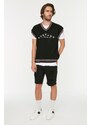 Trendyol Black Regular Fit V Neck Letter Detailed Knitwear Sweater