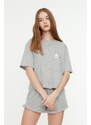 Trendyol Gray Cotton Printed T-shirt-Shorts Knitted Pajama Set