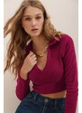 Trend Alaçatı Stili Women's Burgundy Polo Neck Ribbed Soft Textured Crop Blouse