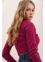 Trend Alaçatı Stili Women's Burgundy Polo Neck Ribbed Soft Textured Crop Blouse