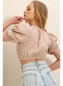 Trend Alaçatı Stili Women's Beige Embellishment Collar Princess Sleeve Floral Pattern Crop-Woven Blouse