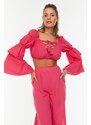 Trendyol Pink Long Sleeve Tie Detail Beach Blouse