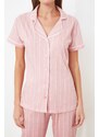 Trendyol Pink Cotton Striped Piping Detailed Sleep Tape Knitted Pajamas Set