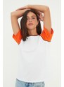 Trendyol Orange 100% Cotton Color Block Comfortable Cut, Basic Raglan Sleeve Crew Neck Knitted T-Shirt