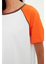 Trendyol Orange 100% Cotton Color Block Comfortable Cut, Basic Raglan Sleeve Crew Neck Knitted T-Shirt