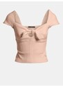 Světle růžové dámské žebrované cropped tričko s mašlí Guess Vale - Dámské