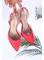 Shoeberry Women's Red Satin Crystal Heeled Shoes