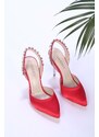 Shoeberry Women's Red Satin Crystal Heeled Shoes