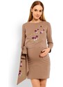 ProMamku Cappuccinové těhotenské a kojící šaty s vyšívanými květinami a mašlí