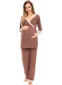 ProMamku Cappuccinové těhotenské a kojící pyžamo s kalhotami a tričkem s dlouhým rukávem s výstřihem