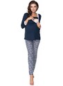 ProMamku Tmavomodré / bílé těhotenské a kojící pyžamo s kalhotami s břišním panelem a tričkem s dlouhým rukávem s výstřihem