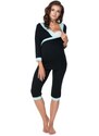 ProMamku Těhotenské a kojící pyžamo s 3/4 kalhotami s břišním panelem a tričkem s 3/4 rukávem s výstřihem - černé / světlemodré