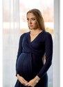 ProMamku Dlouhé tmavě modré elegantní těhotenské šaty s mašlí