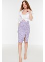 Trendyol Lilac Printed Mini Knitted Mini Skirt With Pleats and a Slit High Waist Fitted/Sleeping Shape