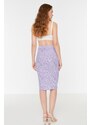 Trendyol Lilac Printed Mini Knitted Mini Skirt With Pleats and a Slit High Waist Fitted/Sleeping Shape