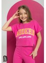 Dívčí žebrované tričko s krátkým rukávem crop top, sytě růžové ALL FOR KIDS