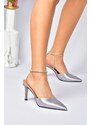 Fox Shoes Silver Satin Fabric Buckle with Stones Heeled Shoes