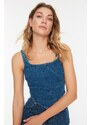 Trendyol Blue Stitching Detailed Strap Denim Blouse