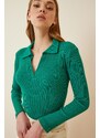 Happiness İstanbul Women's Vibrant Green Polo Neck Corduroy Knitted Blouse