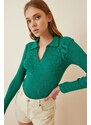 Happiness İstanbul Women's Vibrant Green Polo Neck Corduroy Knitted Blouse