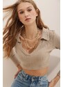 Trend Alaçatı Stili Women's Beige Polo Collar Corduroy Soft Textured Crop Top