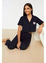 Trendyol Navy Blue Embroidered Ribbed Shirt-Pants and Knitted Pajamas Set