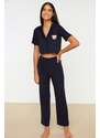 Trendyol Navy Blue Embroidered Ribbed Shirt-Pants and Knitted Pajamas Set