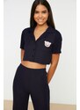 Trendyol Navy Blue Embroidered Ribbed Shirt-Pants and Knitted Pajamas Set