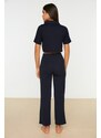 Trendyol Navy Blue Embroidered Ribbed Shirt-Pants and Knitted Pajamas Set