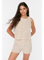 Trendyol Beige Gingham Back Detailed See-through Fabric Woven Pajamas Set