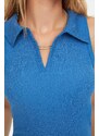 Trendyol Indigo Fitted Crop Polo Neck Crepe Knitted Blouse